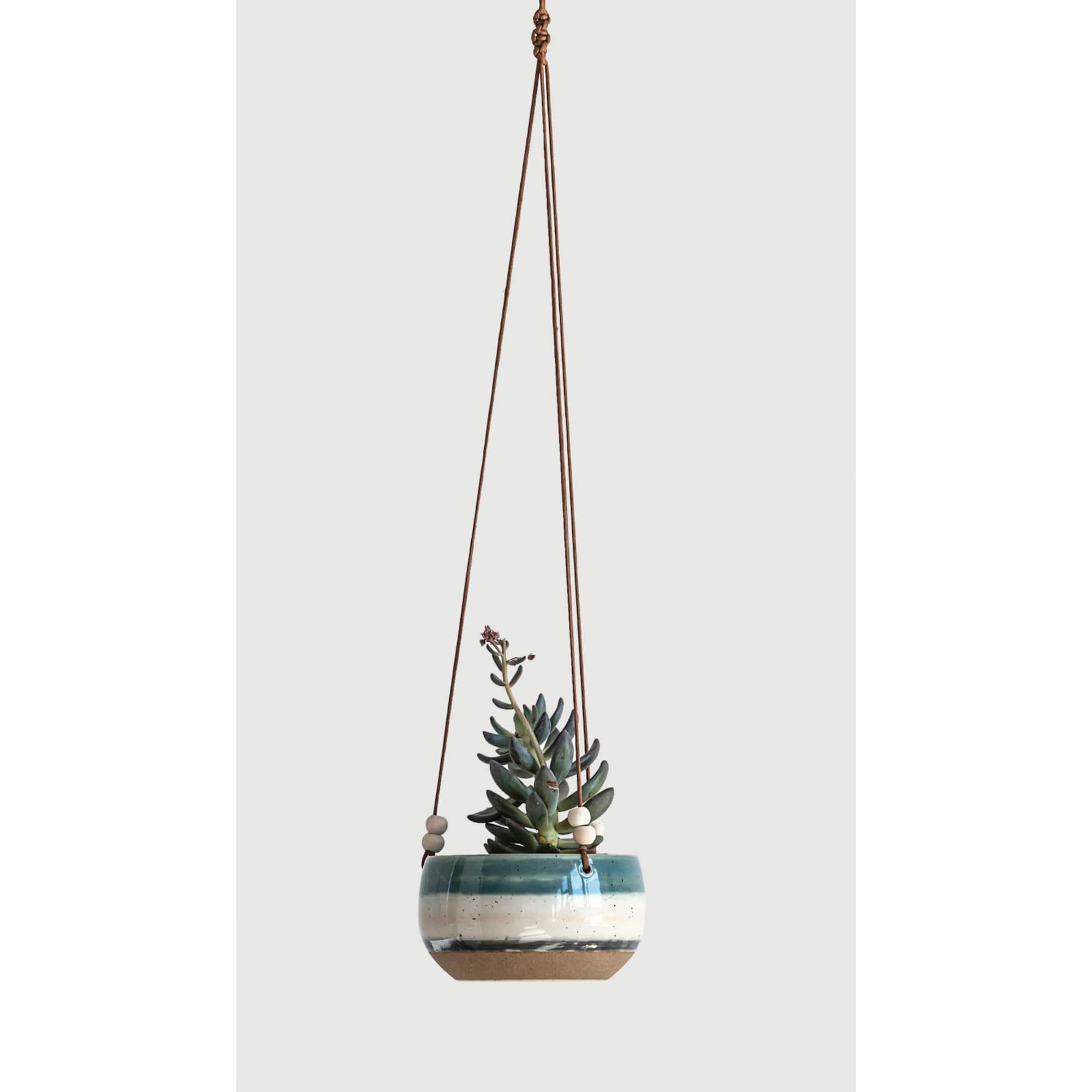 Hello Honey® Blue, White & Brown Striped Stoneware Hanging Planter